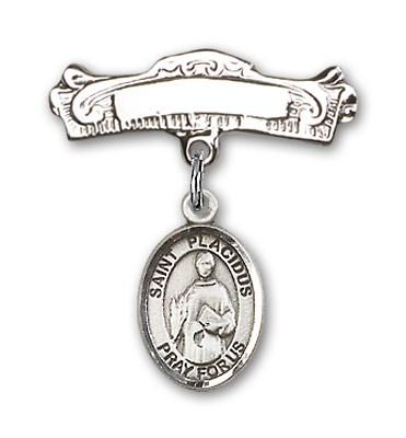 Pin Badge with St. Placidus Charm and Arched Polished Engravable Badge Pin - Silver tone