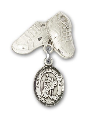 Pin Badge with St. Martin of Tours Charm and Baby Boots Pin - Silver tone