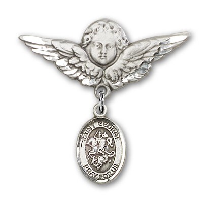 Pin Badge with St. George Charm and Angel with Larger Wings Badge Pin - Silver tone