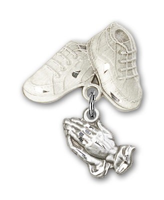 Baby Pin with Praying Hands Charm and Baby Boots Pin - Silver tone