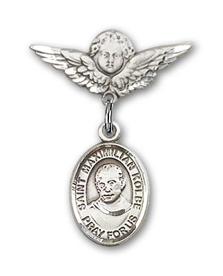 Pin Badge with St. Maximilian Kolbe Charm and Angel with Smaller Wings Badge Pin - Silver tone