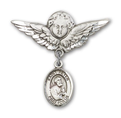 Pin Badge with St. Peter the Apostle Charm and Angel with Larger Wings Badge Pin - Silver tone