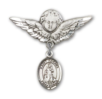 Pin Badge with St. Rachel Charm and Angel with Larger Wings Badge Pin - Silver tone
