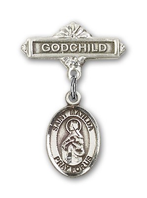 Pin Badge with St. Matilda Charm and Godchild Badge Pin - Silver tone