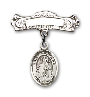Pin Badge with St. Nicholas Charm and Arched Polished Engravable Badge Pin - Silver tone