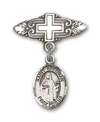 Pin Badge with St. Brendan the Navigator Charm and Badge Pin with Cross - Silver tone