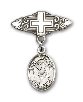 Pin Badge with St. Margaret Mary Alacoque Charm and Badge Pin with Cross - Silver tone