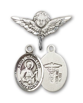 Pin Badge with St. Camillus of Lellis Charm and Angel with Smaller Wings Badge Pin - Silver tone