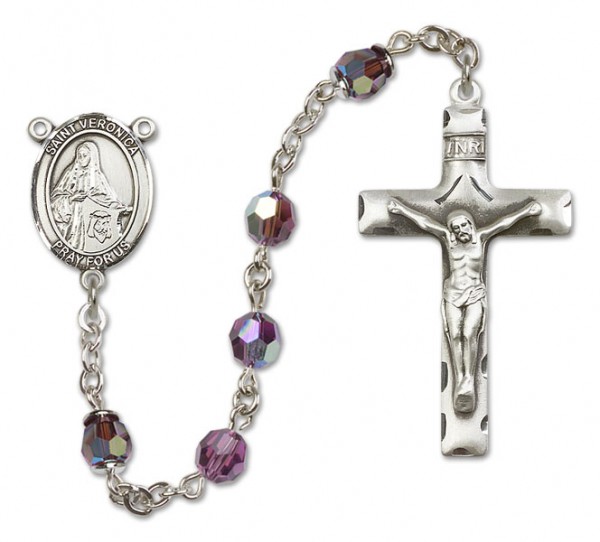 St. Veronica Sterling Silver Heirloom Rosary Squared Crucifix - Amethyst