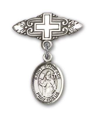 Pin Badge with St. Boniface Charm and Badge Pin with Cross - Silver tone