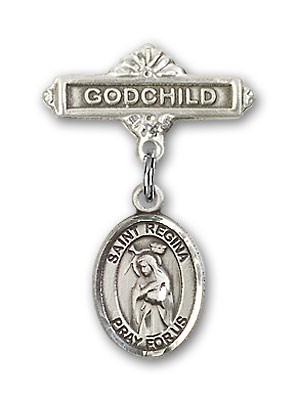 Pin Badge with St. Regina Charm and Godchild Badge Pin - Silver tone