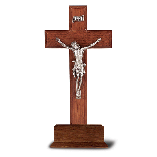Salerini Standing Walnut Crucifix with Silver-tone Corpus - 10 inch - Brown