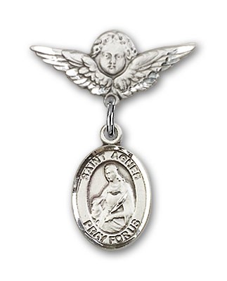 Pin Badge with St. Agnes of Rome Charm and Angel with Smaller Wings Badge Pin - Silver tone