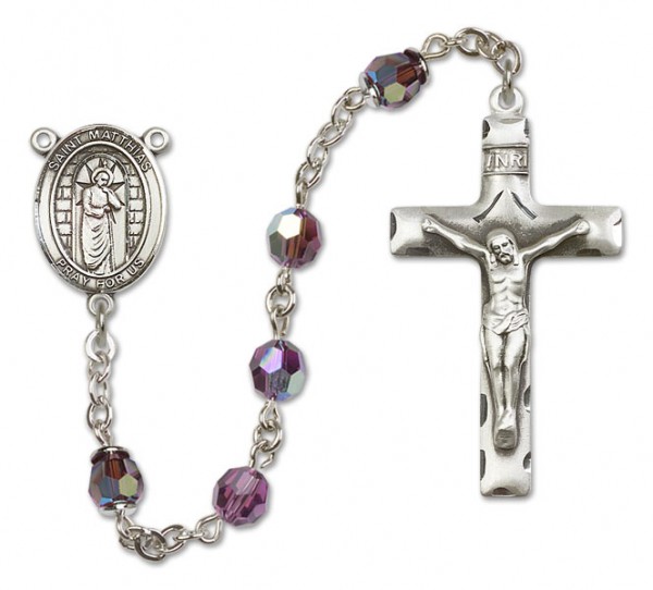 St. Matthias the Apostle Sterling Silver Heirloom Rosary Squared Crucifix - Amethyst