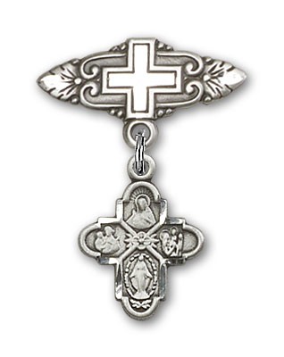Pin Badge with 4-Way Charm and Badge Pin with Cross - Silver tone