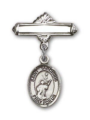 Pin Badge with St. Tarcisius Charm and Polished Engravable Badge Pin - Silver tone