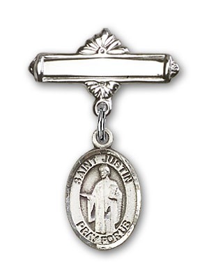 Pin Badge with St. Justin Charm and Polished Engravable Badge Pin - Silver tone