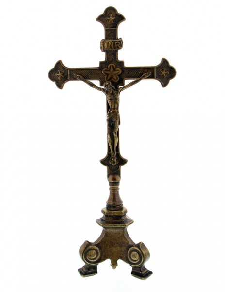 Standing Crucifix in Antiqued Brass - 13 Inches - Brass
