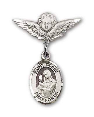Pin Badge with St. Clare of Assisi Charm and Angel with Smaller Wings Badge Pin - Silver tone