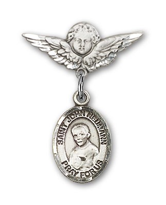 Pin Badge with St. John Neumann Charm and Angel with Smaller Wings Badge Pin - Silver tone