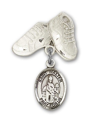 Pin Badge with St. Walter of Pontnoise Charm and Baby Boots Pin - Silver tone