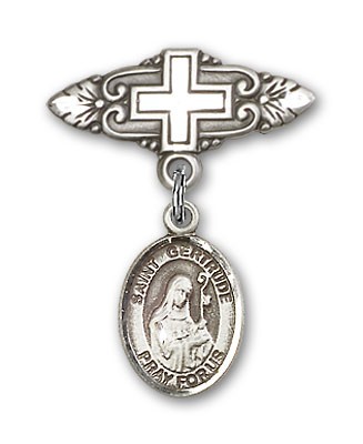 Pin Badge with St. Gertrude of Nivelles Charm and Badge Pin with Cross - Silver tone