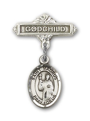 Pin Badge with St. Maurus Charm and Godchild Badge Pin - Silver tone