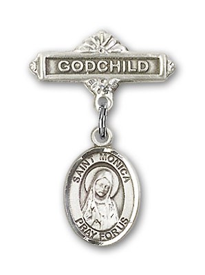 Pin Badge with St. Monica Charm and Godchild Badge Pin - Silver tone