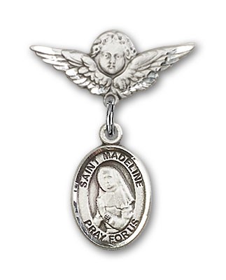 Pin Badge with St. Madeline Sophie Barat Charm and Angel with Smaller Wings Badge Pin - Silver tone