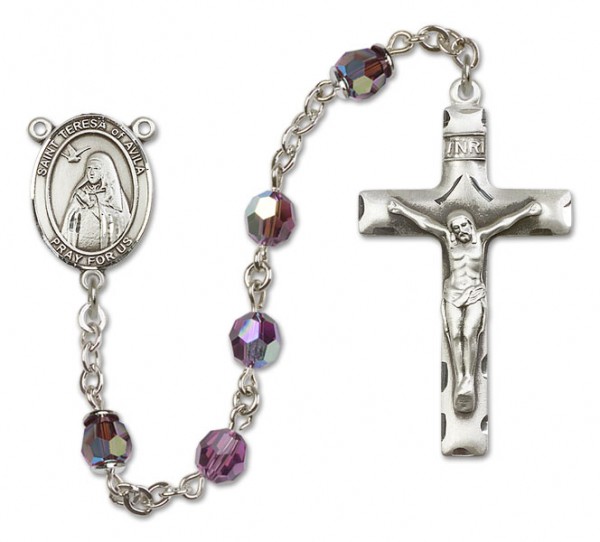 St. Teresa of Avila Sterling Silver Heirloom Rosary Squared Crucifix - Amethyst