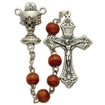 First Communion Brown Wood Rosary with Chalice Centerpiece   - Brown