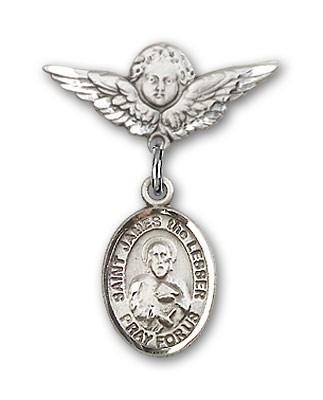 Pin Badge with St. James the Lesser Charm and Angel with Smaller Wings Badge Pin - Silver tone