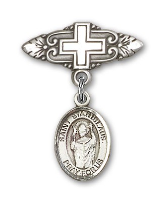 Pin Badge with St. Stanislaus Charm and Badge Pin with Cross - Silver tone