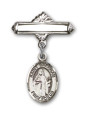 Pin Badge with St. Brendan the Navigator Charm and Polished Engravable Badge Pin - Silver tone