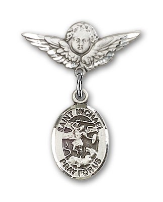 Pin Badge with St. Michael the Archangel Charm and Angel with Smaller Wings Badge Pin - Silver tone