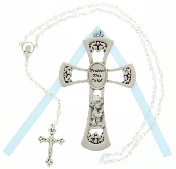 Protect This Child Cross with Baby Rosary Set - Boy - Silver