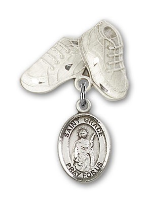 Pin Badge with St. Grace Charm and Baby Boots Pin - Silver tone