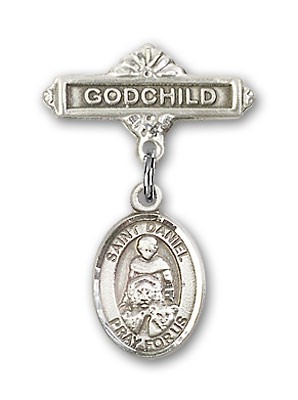 Pin Badge with St. Daniel Charm and Godchild Badge Pin - Silver tone