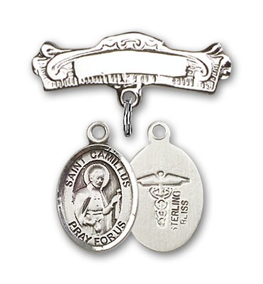 Pin Badge with St. Camillus of Lellis Charm and Arched Polished Engravable Badge Pin - Silver tone