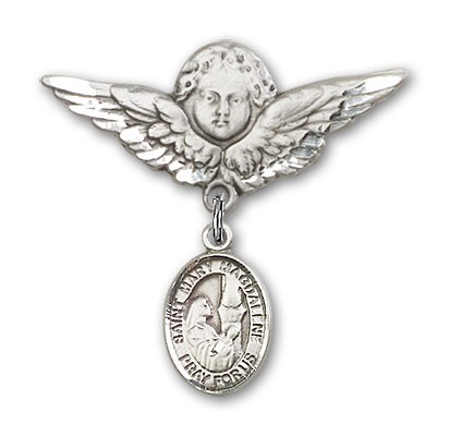 Pin Badge with St. Mary Magdalene Charm and Angel with Larger Wings Badge Pin - Silver tone