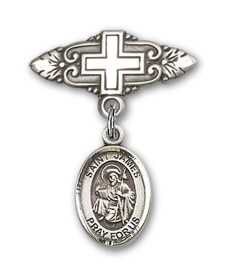 Pin Badge with St. James the Greater Charm and Badge Pin with Cross - Silver tone