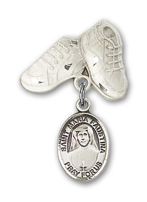 Pin Badge with St. Maria Faustina Charm and Baby Boots Pin - Silver tone