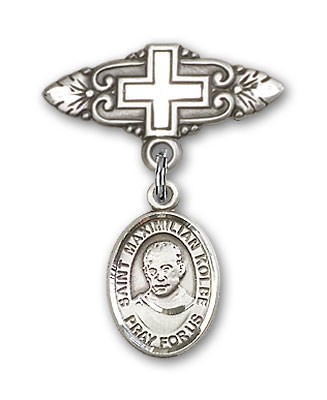 Pin Badge with St. Maximilian Kolbe Charm and Badge Pin with Cross - Silver tone