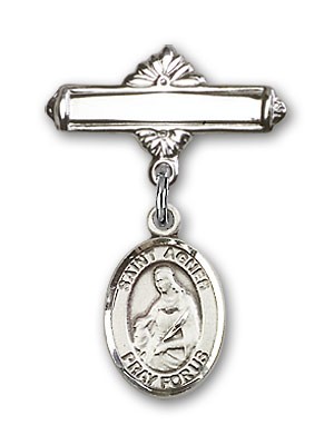 Pin Badge with St. Agnes of Rome Charm and Polished Engravable Badge Pin - Silver tone
