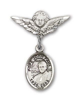 Pin Badge with Pope John Paul II Charm and Angel with Smaller Wings Badge Pin - Silver tone