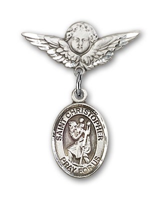 Pin Badge with St. Christopher Charm and Angel with Smaller Wings Badge Pin - Silver tone