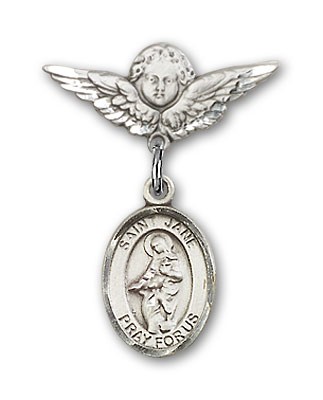 Pin Badge with St. Jane of Valois Charm and Angel with Smaller Wings Badge Pin - Silver tone
