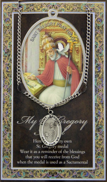St. Gregory the Great Medal in Pewter with Bi-Fold Prayer Card - Silver tone