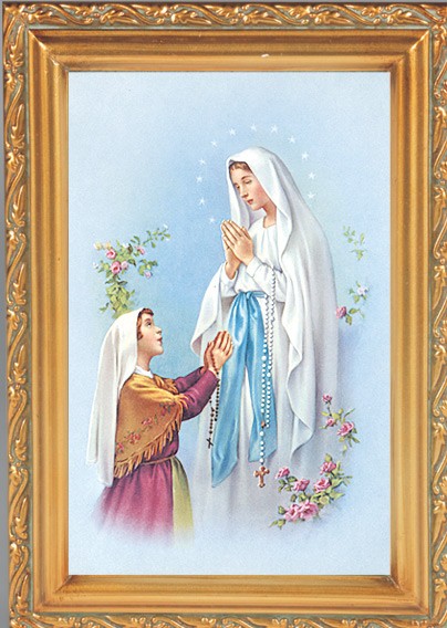 Our Lady of Lourdes Antique Gold Framed Print - Full Color