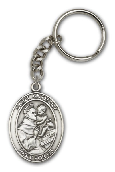 St. Anthony Oval Shaped Keychain - Antique Silver